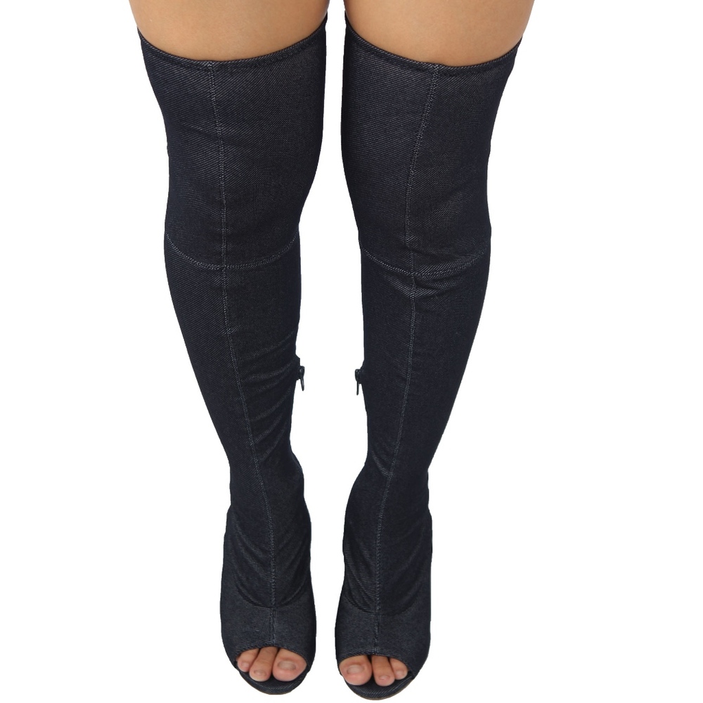 Blue Denim Over the Knee Back Tie Block Heel Boot - Picture 7 of 7